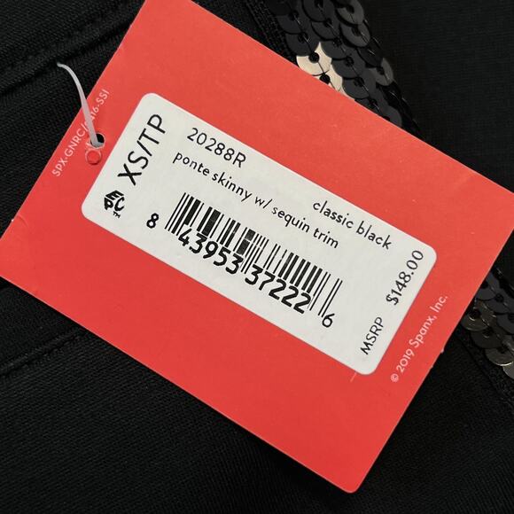 Spanx Ponte Skinny Pants Womens XS Black Sequin Trim High Rise Stretch Slim - Picture 7 of 12